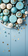 Birthday party blue and gold composition, cupcakes, confetti, banner concept giftcard, copy space, texture background