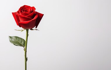 A red rose on a white background and a copy space