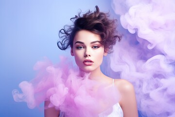 Young woman surrounded by a purple pink cloud of steam
