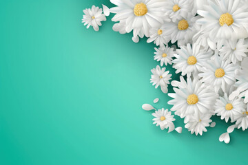 Beautiful spring flowers on the turquoise pastel color background. Springtime composition with copy space.