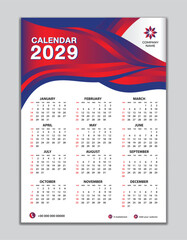 Wall calendar 2029 template on red wave background, calendar 2029 design, desk calendar 2029 design, Week start Sunday, flyer, Set of 12 Months, organizer, planner, printing media
