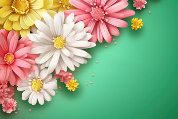 Beautiful spring flowers on the green pastel color background. Springtime composition with copy space.