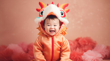 A cute and happy Asian baby in a red dragon costume on blurred pastel red background. Chinese New Year celebration background design with copy-space for text.