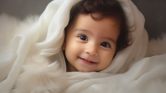 A smiling Indian baby boy is covered in white soft blanket, top view.