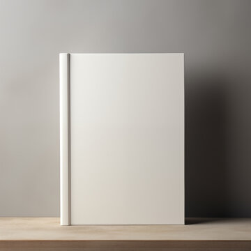 Mockup standing book with clear white cover on a wooden desk and gray background. Home Interior ambiance.