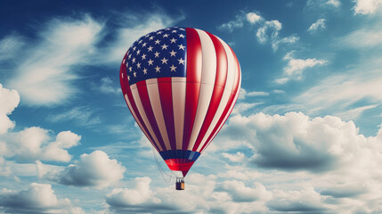 A hot air balloon, an airship flies in the clouds of the sky in the color of the flag of the United States of America.