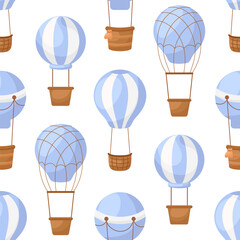 Cute children's seamless pattern with blue hot air balloons. Creative kids texture for fabric, wrapping, textile, wallpaper, apparel. Vector illustration