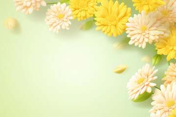 Beautiful spring flowers on yellow background. Springtime composition with copy space.