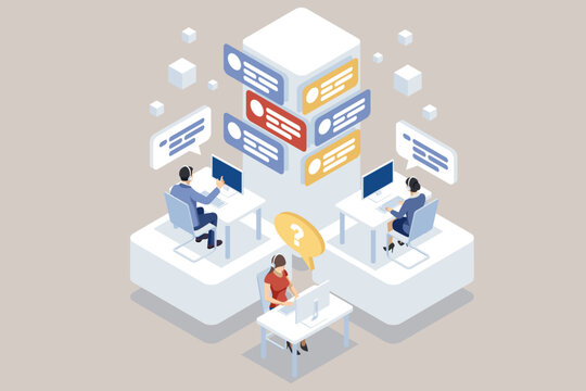 Isometric global online technical support with call center operators using headsets on computers for customer service and efficient call processing