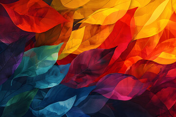 An abstract background of autumn patterns and pride colors for LGBTQIA+ History Month in October, with plenty of negative space, - obrazy, fototapety, plakaty