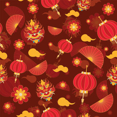 Vector seamless pattern with dragons, flowers, lanterns, and clouds. Chinese New Year pattern design. vector background.