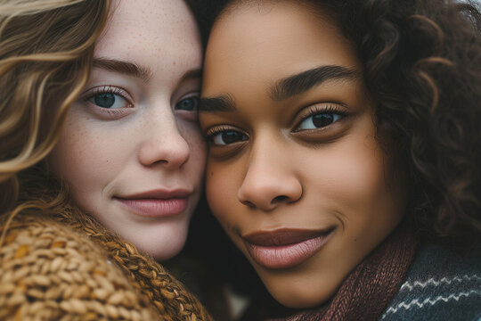 Diverse couple of friends closeup portrait. African American and Caucasian young women leaning cheek to cheek taking a selfie
