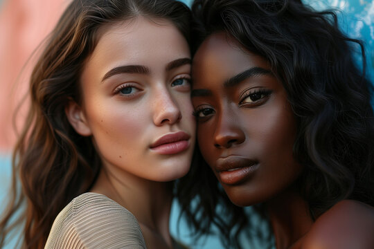 African American and Caucasian young women leaning cheek to cheek taking a selfie. Two diverse girlfriends closeup portrait