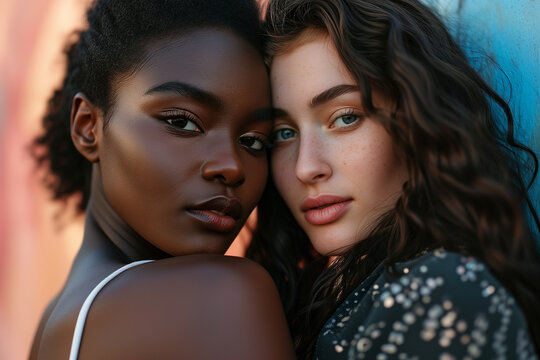 Diverse couple of girlfriends closeup portrait. African American and Caucasian young women leaning cheek to cheek taking a selfie