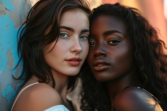 Two diverse girlfriends closeup portrait. African American and Caucasian young women leaning cheek to cheek taking a selfie