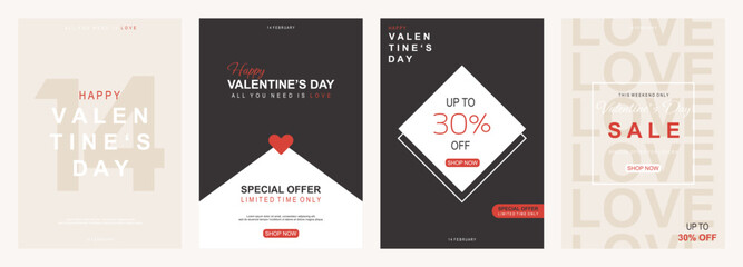 Valentines day vector flyer template set with 30% sale and discount special offers.Vector illustrations for social media banners and website. Happy valentine design vector.