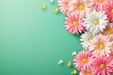 Beautiful spring flowers on the turquoise pastel color background. Springtime composition with copy...
