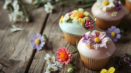 Fototapeta na wymiar Beautiful Spring Flower Cupcakes on a Wooden Table 