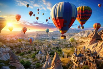 Colorful balloons, Cappadocia, beautiful view, sunrise