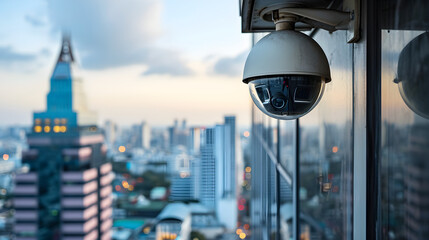 CCTV security camera that installed on the building with city environment background.