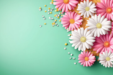 Beautiful spring flowers on the green pastel color background. Springtime composition with copy space.