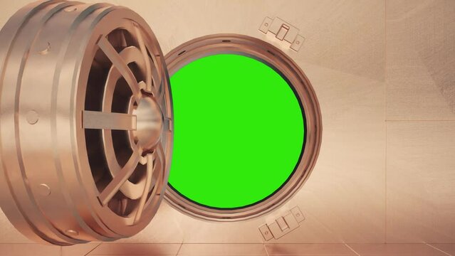 Bank safe vault door opening and camera slowly zooming in green screen