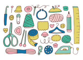 Tools for needlework and sewing. Needles, threads, fabrics, mannequin, scissors, measuring tape, needle bar, buttons, pins. Vector illustration