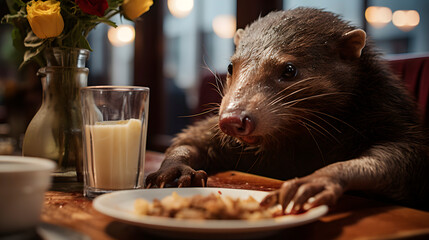 beaver sitting on a table - obrazy, fototapety, plakaty