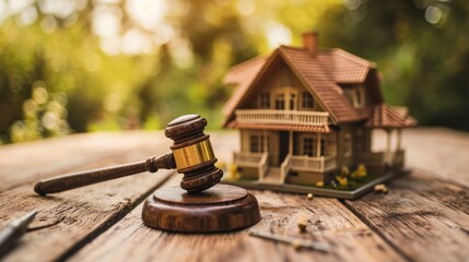 Judge auction and real estate concept. Law hammer and house model. Real estate law. Taxes and profits invested in real estate and home purchase.