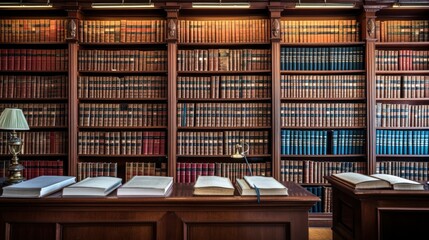 Law Library. Rows of Books and Legal References in a Law Firm - obrazy, fototapety, plakaty