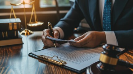 Lawyer is explaining the terms of the legal contract document and asking the client to sign it properly. Legal counsel and legal proceedings consulting services. - obrazy, fototapety, plakaty