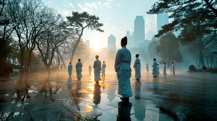 Foto op Canvas Tai Chi Practice in Singapore Plaza at Dawn © ciprian