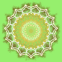 Digital art, colorful mandala background, green symbol