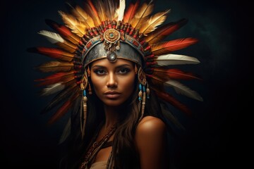Naklejka na ściany i meble Woman model, beautiful American Indian with feathers