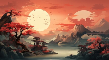 Fantasy landscape with mountains, trees and lake at sunset