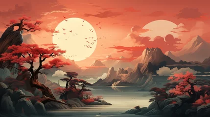 Photo sur Plexiglas Brique Fantasy landscape with mountains, trees and lake at sunset