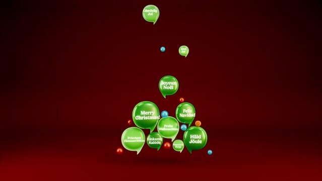 christmas tree made of chat bubbles with holiday wishes in different languages on red background