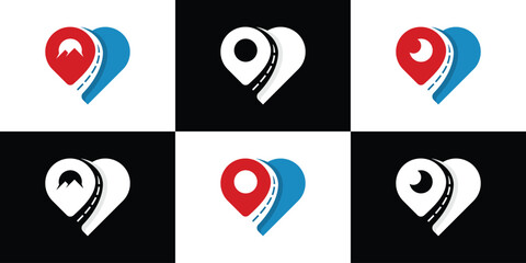 Creative Set of Love Road Logo. Mountain, Sea, Spot Travel Logo Icon Symbols Vector Design Template.