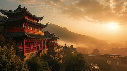 Landscape of chinese temple in the mist at sunset with mountain background - obrazy, fototapety, plakaty