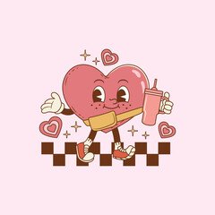 cute retro illustration of heart walking with thermos in hand