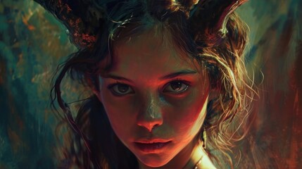 A Teen Girl Demon in an Wide Angle and Ethereal yet Realistic Painting Background - A Woman in the Apocalyptic Visions and Ethereal Dreamscapes Style Wallpaper created with Generative AI Technology