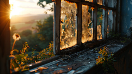 Sunset View through a Shattered Window