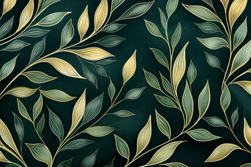 Luxurious watercolor golden branches on a green background