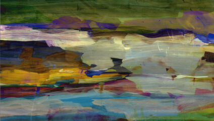 Abstract landscape by the lake. Colorful sky, sunset in the clouds, painting
