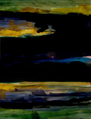 Obraz na płótnie Canvas Abstract landscape by the lake. Colorful sky, sunset in the clouds, painting