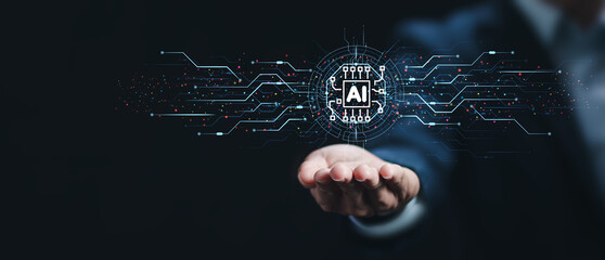 Ai tech, businessman with Ai tools for artificial intelligence use analytics, automation and...