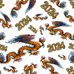 Watercolor seamless pattern with lunar new year symbol - green wooden dragon with magic pearl and numbers 2024 with dragon scale texture. Illustration elements isolated on white background