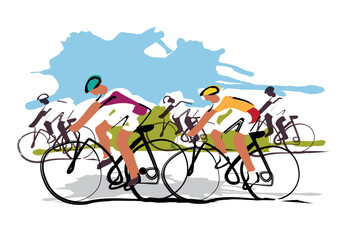 
Cycling race, expressive stylized cartoon.
 Illustration of group of cyclists on a road. Continuous Line Drawing. Vector available.