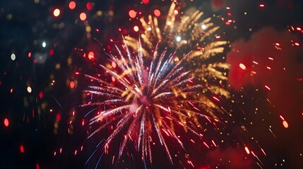 Fototapeta na wymiar Firework explosion in the night sky celebrating happy new year 2024 . National firework shooting in the beautiful sky for a new year