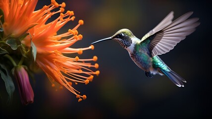 A hummingbird suspended mid-air, sipping nectar from a flower,
